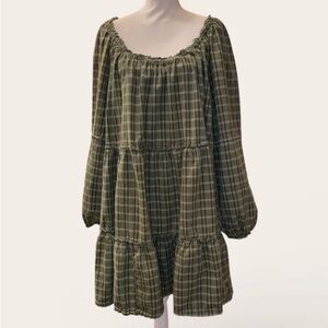 WONDERLY Plus Size RuffledTiered Babydoll Mini Dress Green White Plaid Size 3X